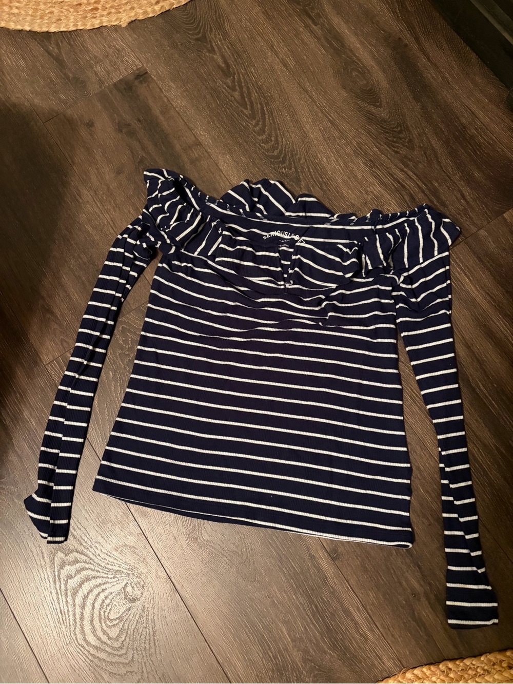 aerie Navy and White Striped Off-Shoulder Long Sleeve Top